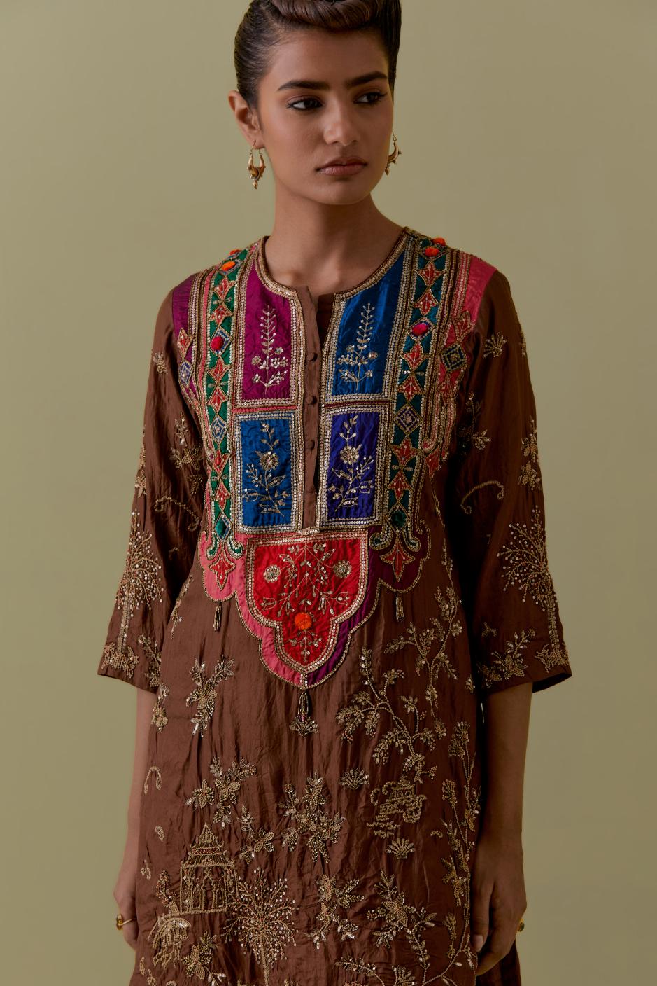 Chocolate Silk Short Kurta set with Multicoloured Appliqué & Handwork.