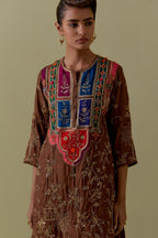 Chocolate Silk Short Kurta set with Multicoloured Appliqué & Handwork.