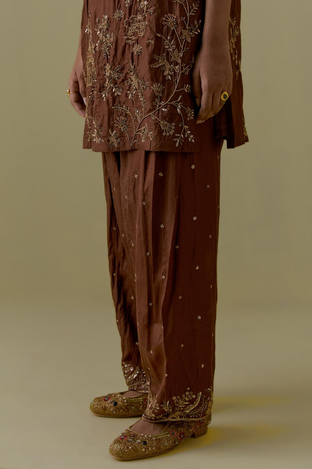 Chocolate Silk Short Kurta set with Multicoloured Appliqué & Handwork.