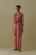 Peach Silk Short Kurta set with Multicoloured Appliqué & Handwork.