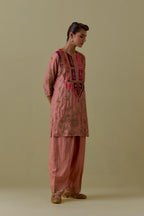 Peach Silk Short Kurta set with Multicoloured Appliqué & Handwork.