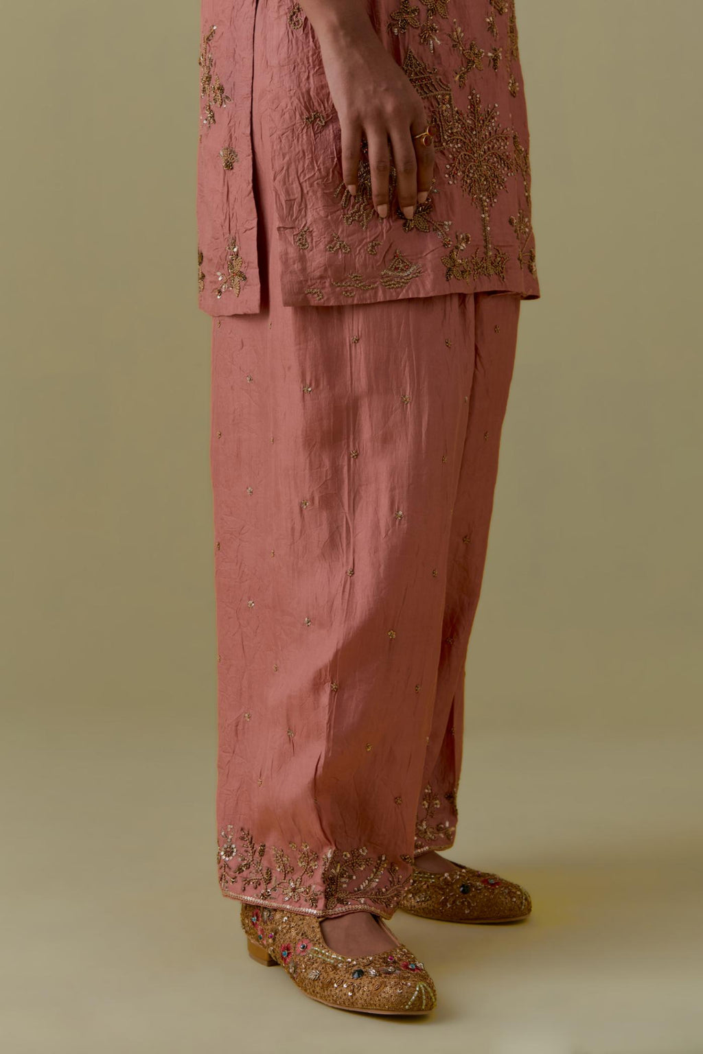 Peach Silk Short Kurta set with Multicoloured Appliqué & Handwork.