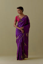 Purple Silk Saree set with Hand-Worked Bird Motifs.