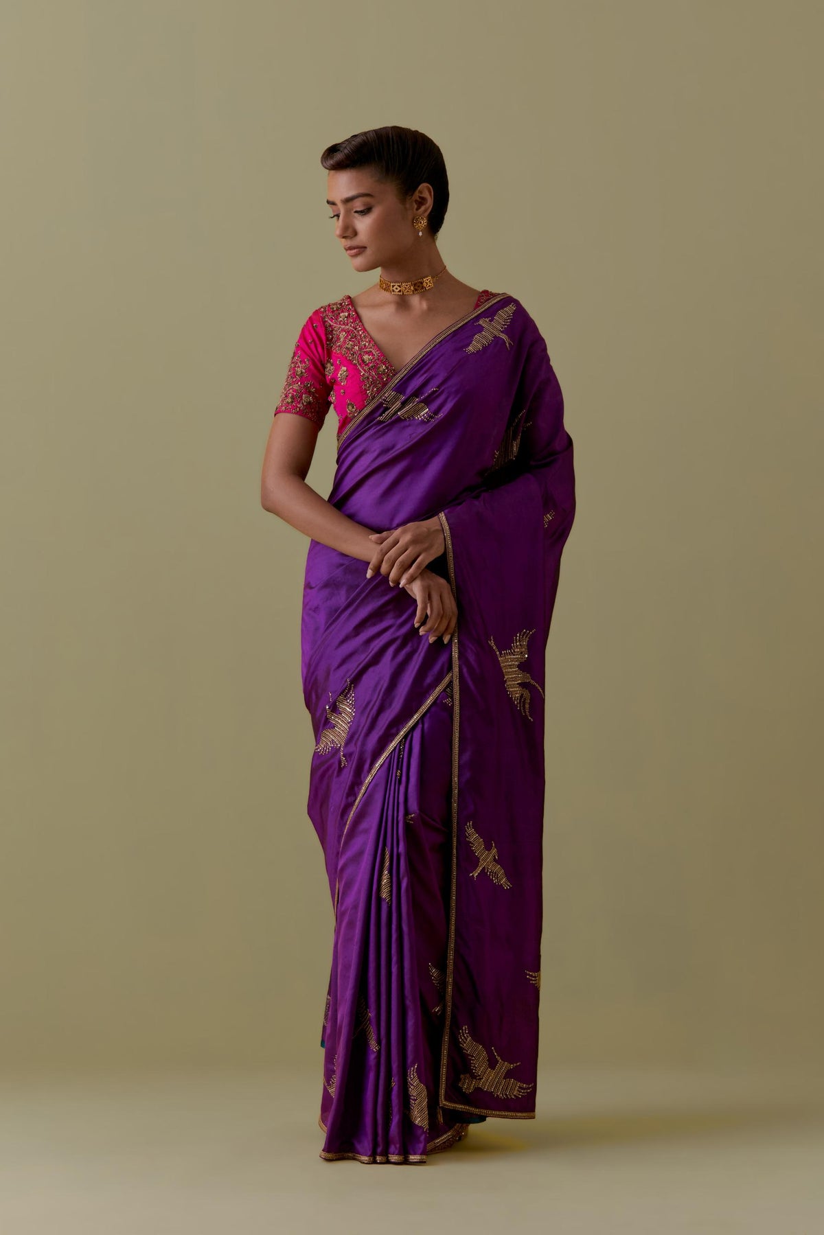 Purple Silk Saree set with Hand-Worked Bird Motifs.