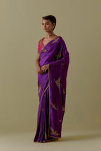 Purple Silk Saree set with Hand-Worked Bird Motifs.
