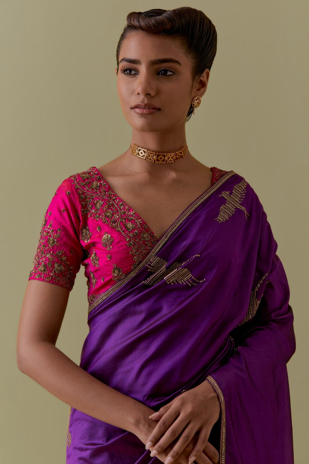 Purple Silk Saree set with Hand-Worked Bird Motifs.