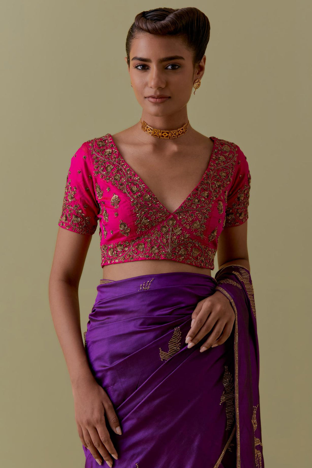 Purple Silk Saree set with Hand-Worked Bird Motifs.