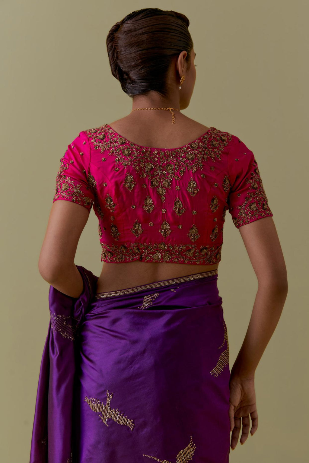 Purple Silk Saree set with Hand-Worked Bird Motifs.