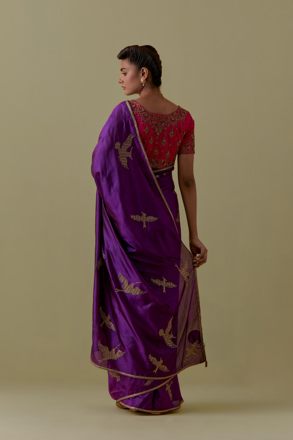 Purple Silk Saree set with Hand-Worked Bird Motifs.