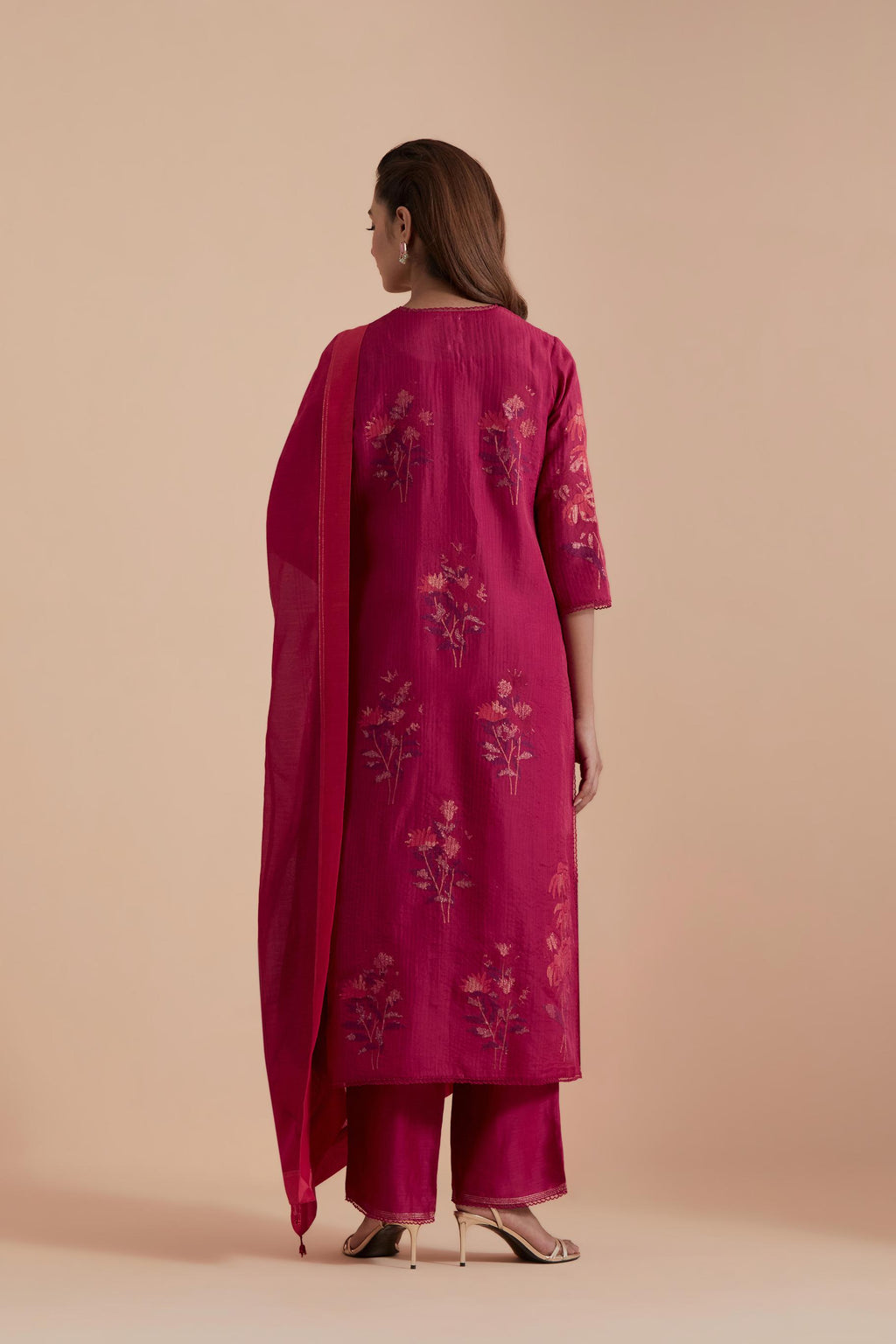Fuchsia Silk Chanderi Quilted Organza & Brocade Floral Appliqué Straight Kurta set.