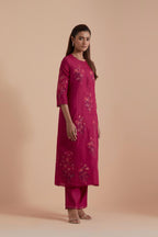 Fuchsia Silk Chanderi Quilted Organza & Brocade Floral Appliqué Straight Kurta set.