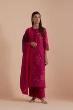 Fuchsia Silk Chanderi Quilted Organza & Brocade Floral Appliqué Straight Kurta set.