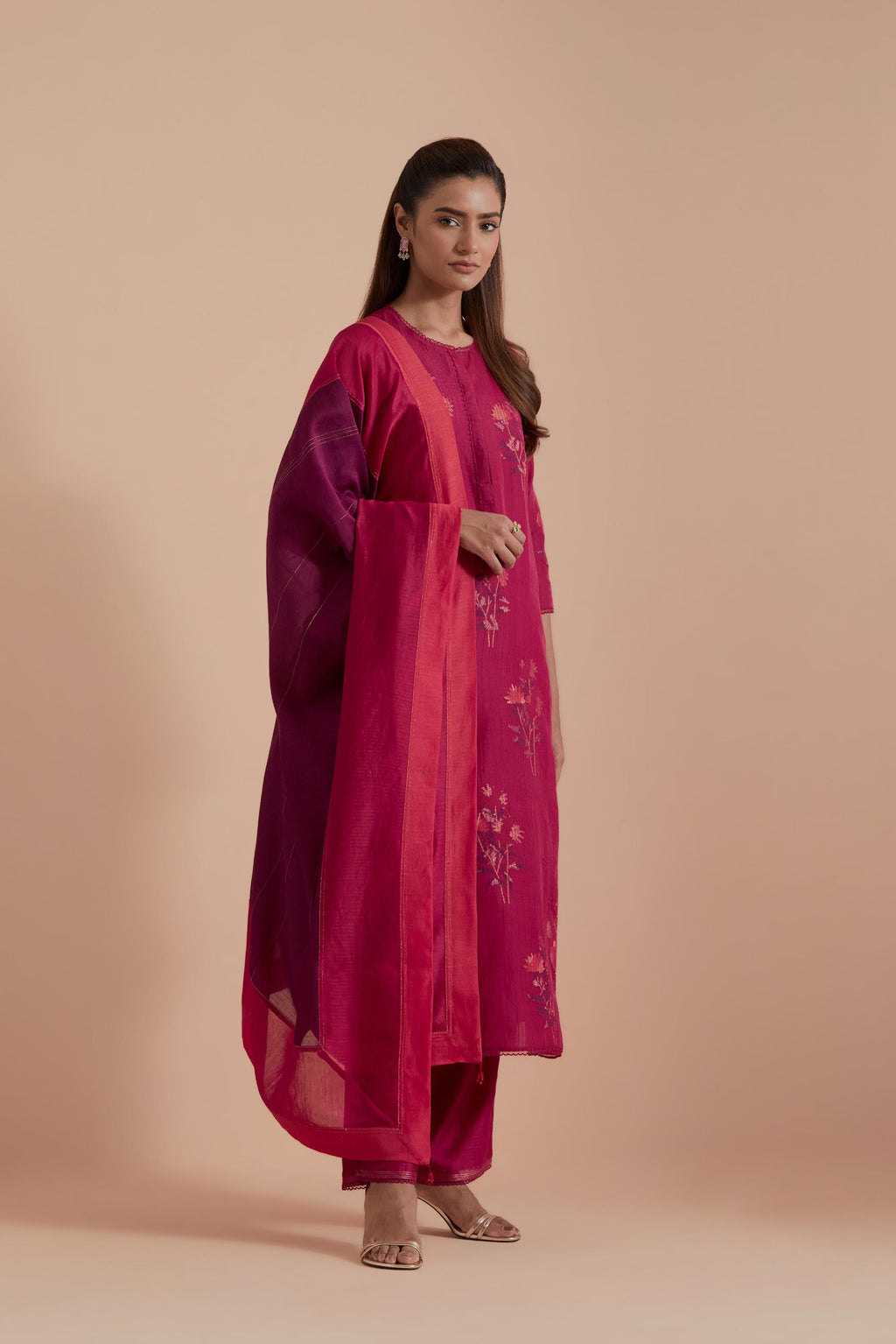 Fuchsia Silk Chanderi Quilted Organza & Brocade Floral Appliqué Straight Kurta set.