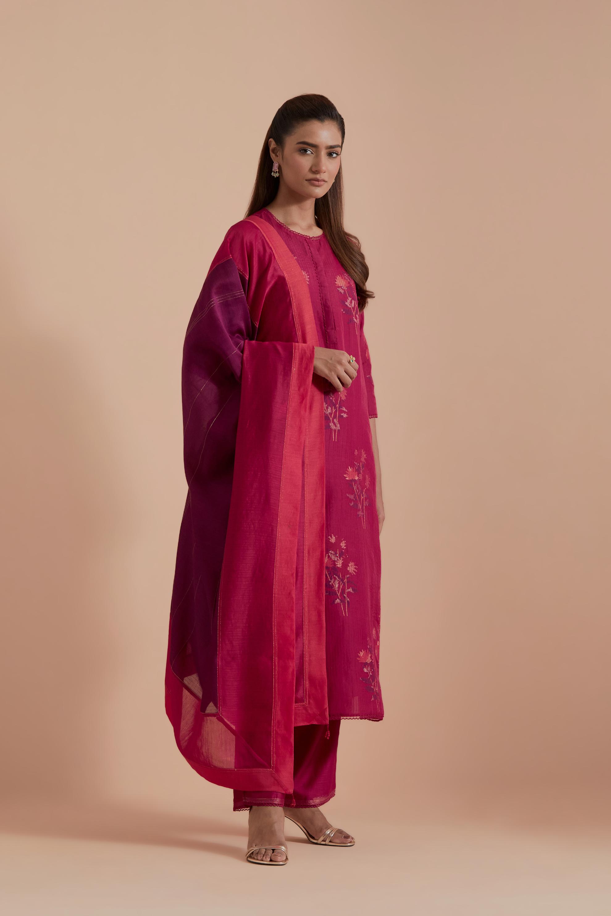 Fuchsia Silk Chanderi Quilted Organza & Brocade Floral Appliqué Straight Kurta set.