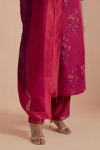 Fuchsia Silk Chanderi Quilted Organza & Brocade Floral Appliqué Straight Kurta set.