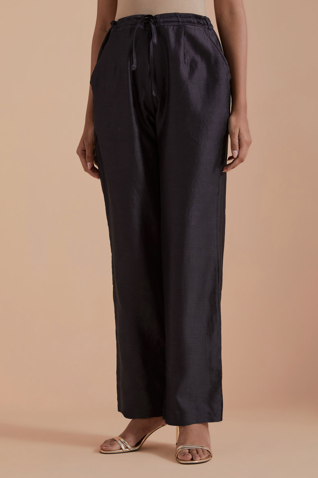 Dark grey silk chanderi straight pants.