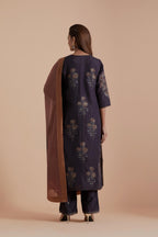 Dark Grey Silk Chanderi Quilted Organza & Brocade Floral Appliqué Straight Kurta set.
