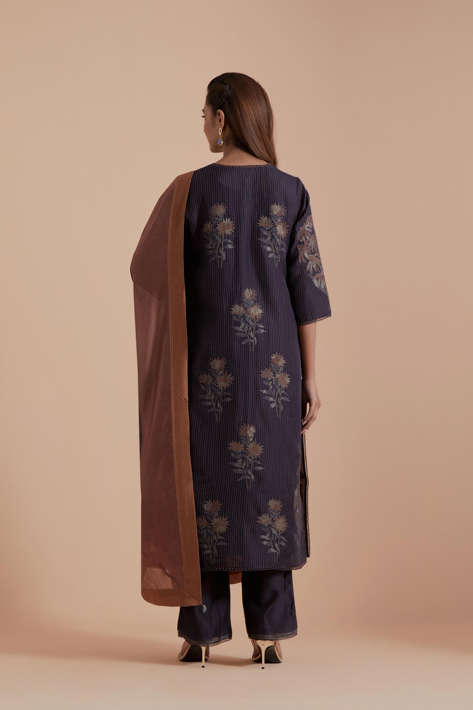 Dark Grey Silk Chanderi Quilted Organza & Brocade Floral Appliqué Straight Kurta set.