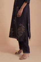 Dark Grey Silk Chanderi Quilted Organza & Brocade Floral Appliqué Straight Kurta set.