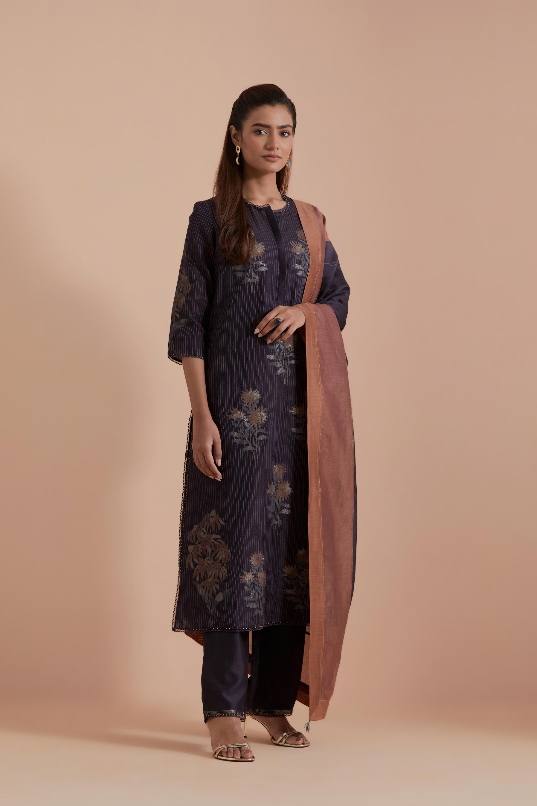Dark Grey Silk Chanderi Quilted Organza & Brocade Floral Appliqué Straight Kurta set.