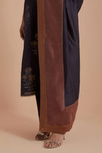 Dark Grey Silk Chanderi Quilted Organza & Brocade Floral Appliqué Straight Kurta set.
