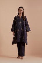Dark Grey Silk Chanderi Quilted Organza & Brocade Floral Appliqué short A-line Kurta set.