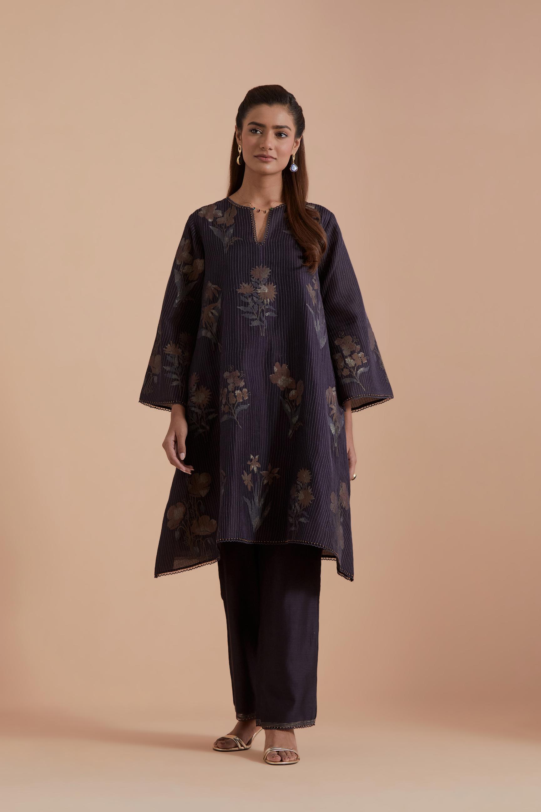 Dark Grey Silk Chanderi Quilted Organza & Brocade Floral Appliqué short A-line Kurta set.