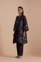 Dark Grey Silk Chanderi Quilted Organza & Brocade Floral Appliqué short A-line Kurta set.