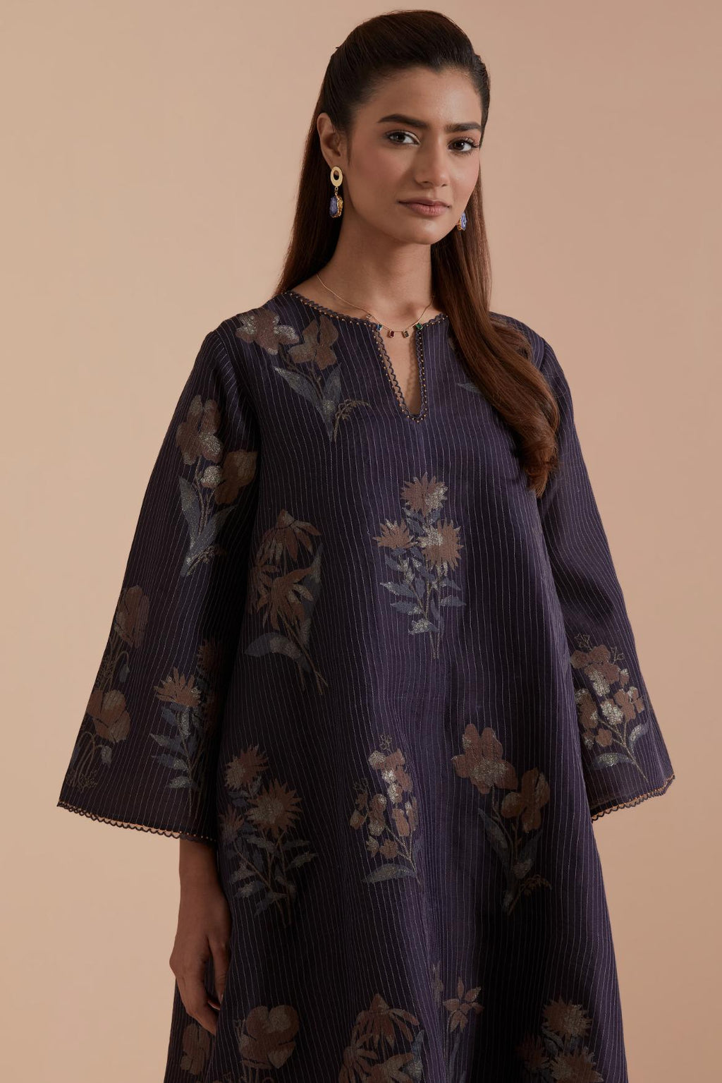 Dark Grey Silk Chanderi Quilted Organza & Brocade Floral Appliqué short A-line Kurta set.