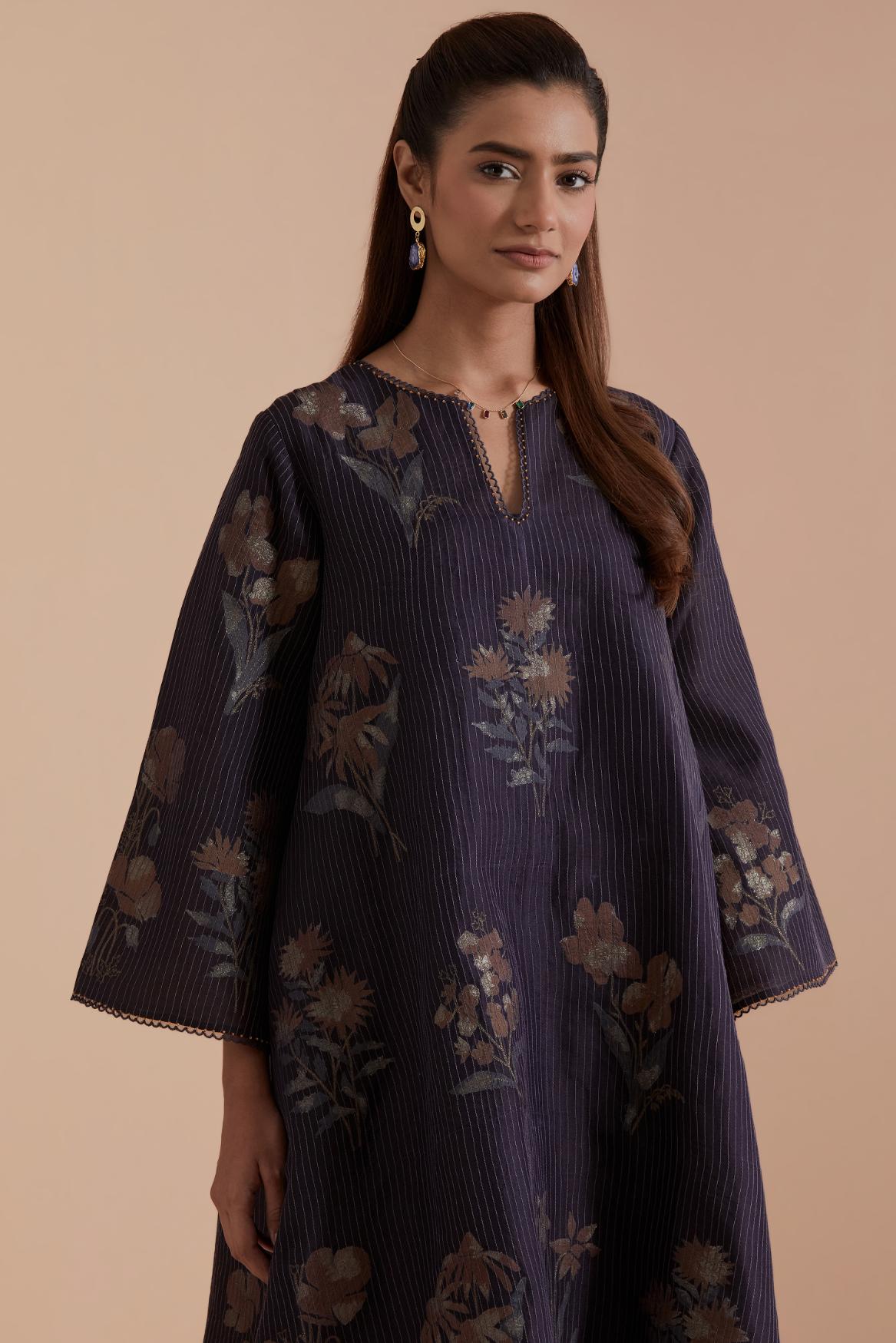 Dark Grey Silk Chanderi Quilted Organza & Brocade Floral Appliqué short A-line Kurta set.