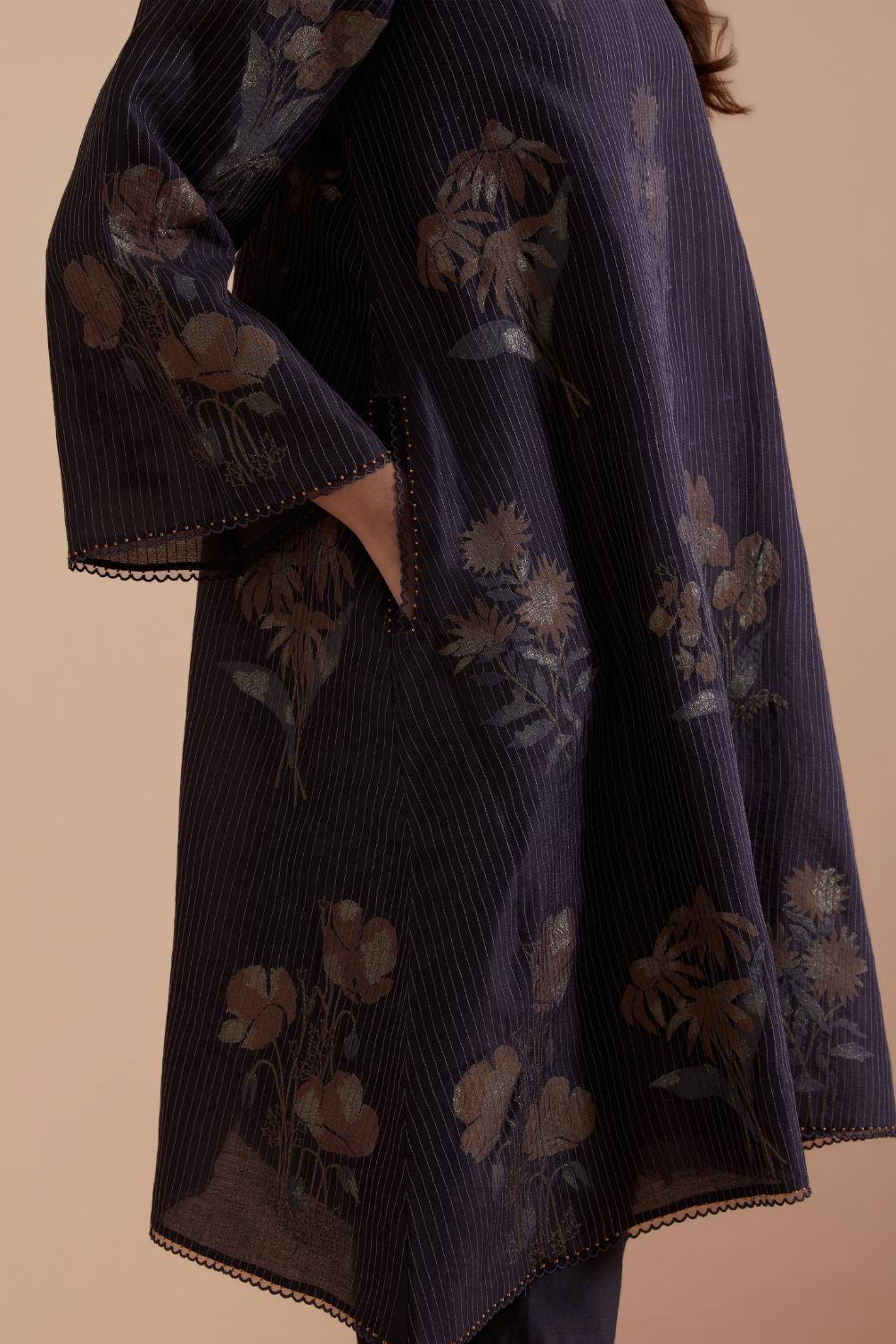 Dark Grey Silk Chanderi Quilted Organza & Brocade Floral Appliqué short A-line Kurta set.