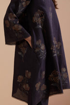 Dark Grey Silk Chanderi Quilted Organza & Brocade Floral Appliqué short A-line Kurta set.