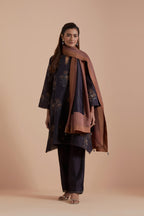 Dark Grey Silk Chanderi Quilted Organza & Brocade Floral Appliqué short A-line Kurta set.