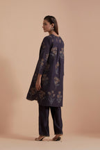 Dark Grey Silk Chanderi Quilted Organza & Brocade Floral Appliqué short easy fit Kurta set.