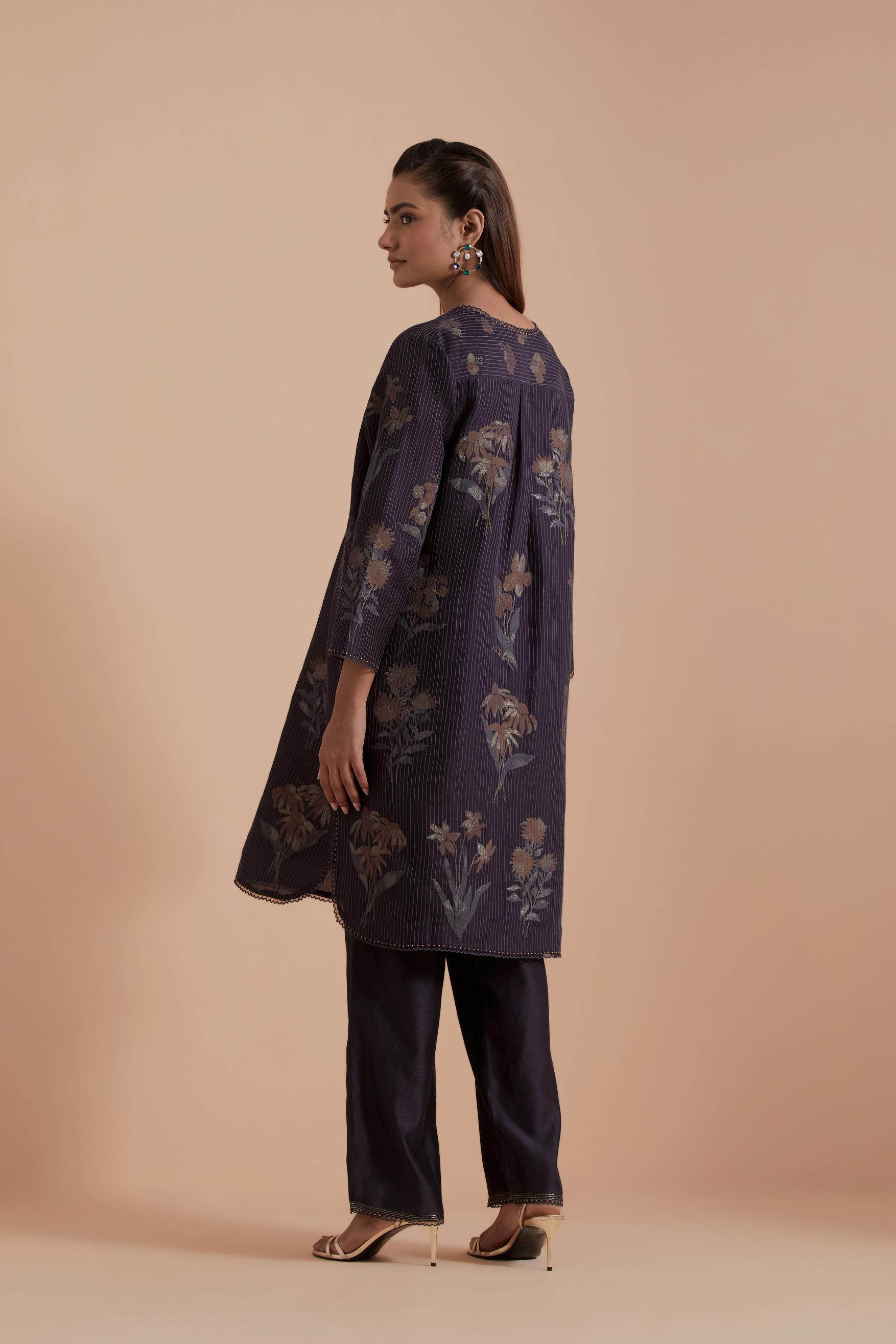Dark Grey Silk Chanderi Quilted Organza & Brocade Floral Appliqué short easy fit Kurta set.