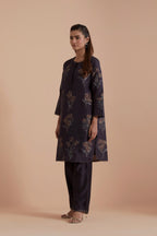 Dark Grey Silk Chanderi Quilted Organza & Brocade Floral Appliqué short easy fit Kurta set.
