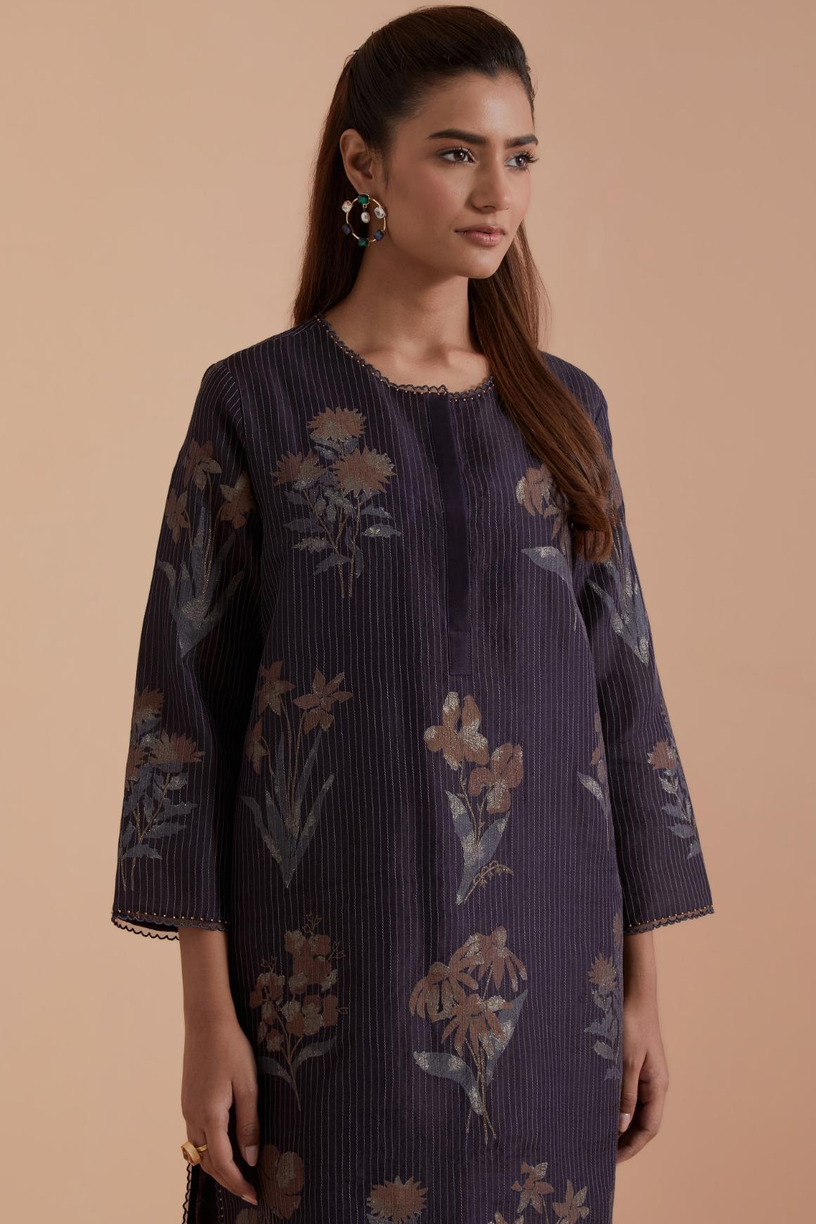 Dark Grey Silk Chanderi Quilted Organza & Brocade Floral Appliqué short easy fit Kurta set.