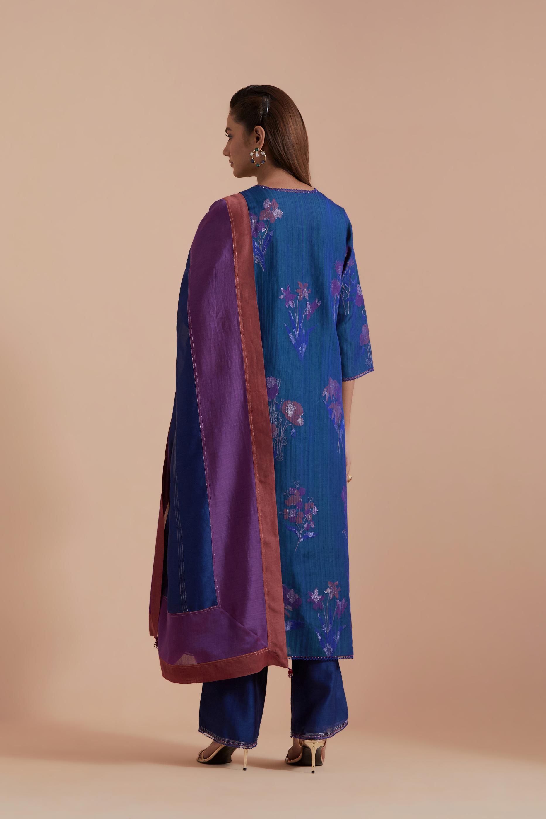 Blue Silk Chanderi Quilted Organza & Brocade Floral Appliqué straight long Kurta set.