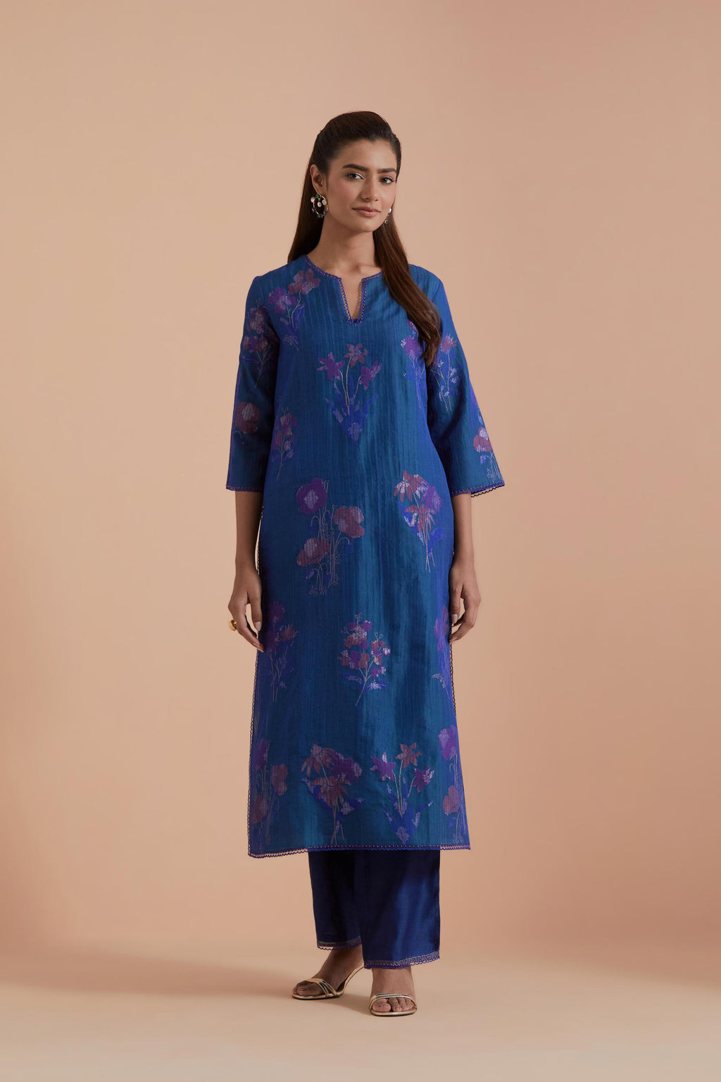 Blue Silk Chanderi Quilted Organza & Brocade Floral Appliqué straight long Kurta set.