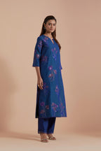 Blue Silk Chanderi Quilted Organza & Brocade Floral Appliqué straight long Kurta set.