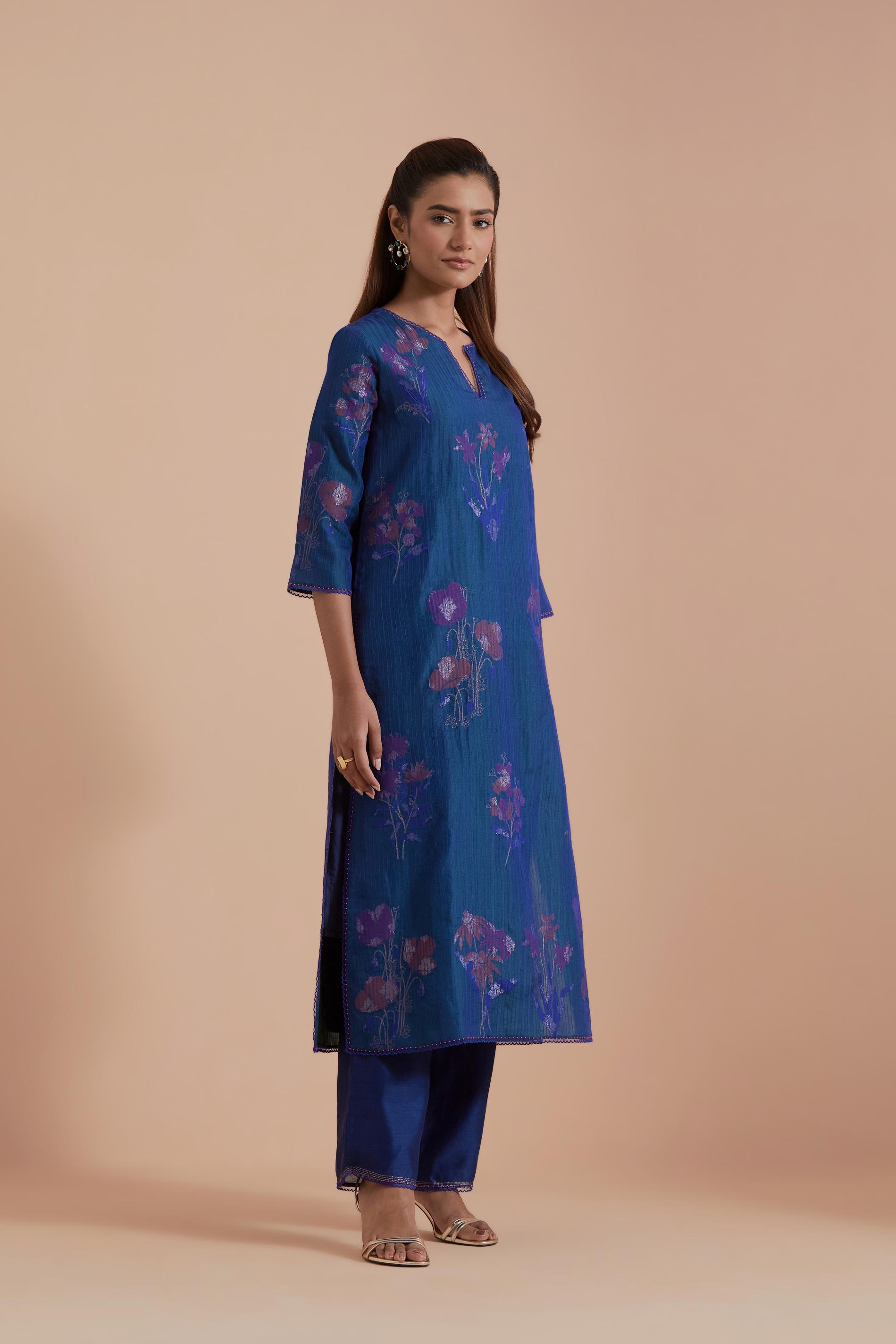 Blue Silk Chanderi Quilted Organza & Brocade Floral Appliqué straight long Kurta set.