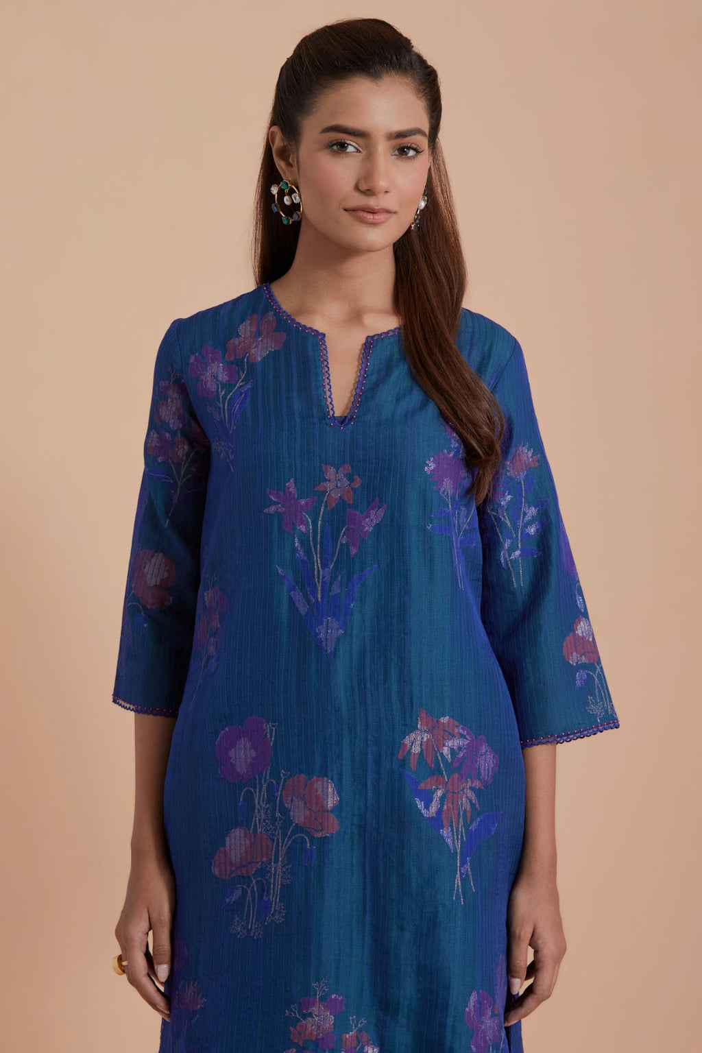 Blue Silk Chanderi Quilted Organza & Brocade Floral Appliqué straight long Kurta set.