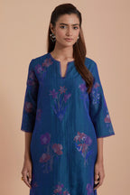 Blue Silk Chanderi Quilted Organza & Brocade Floral Appliqué straight long Kurta set.