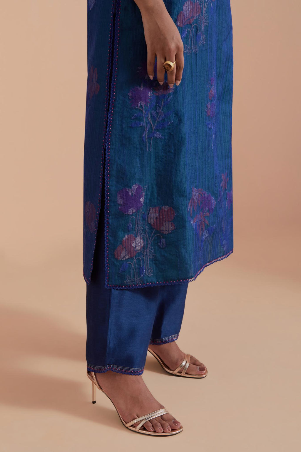 Blue Silk Chanderi Quilted Organza & Brocade Floral Appliqué straight long Kurta set.