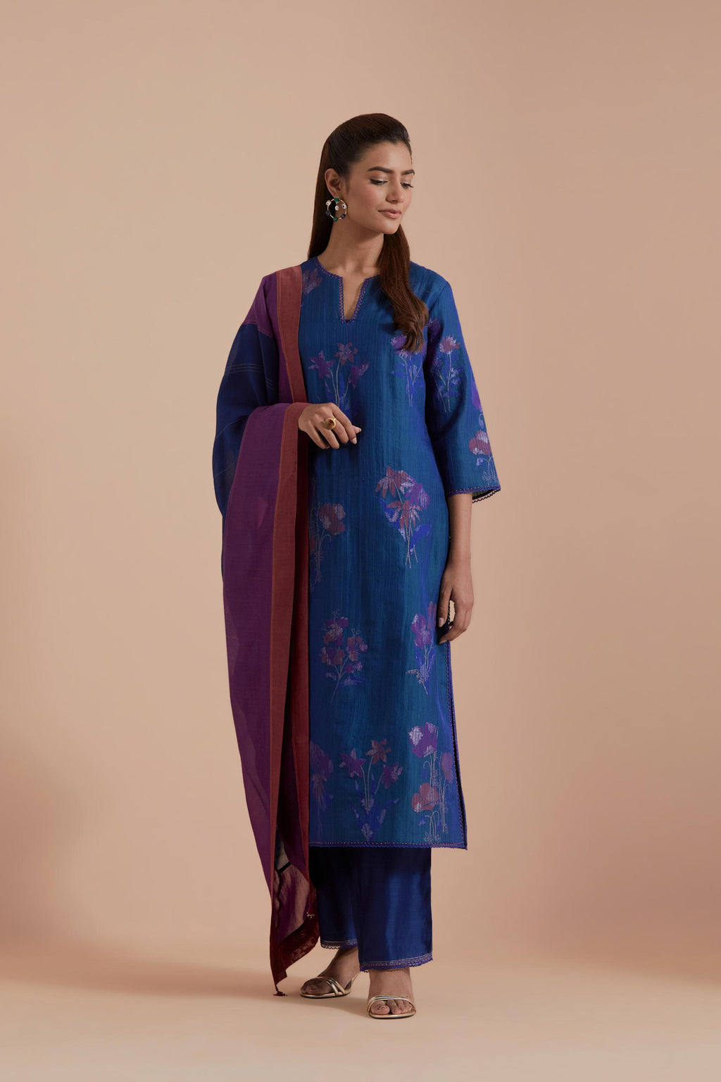 Blue Silk Chanderi Quilted Organza & Brocade Floral Appliqué straight long Kurta set.