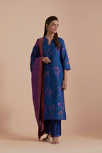Blue Silk Chanderi Quilted Organza & Brocade Floral Appliqué straight long Kurta set.
