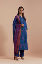 Blue Silk Chanderi Quilted Organza & Brocade Floral Appliqué straight long Kurta set.
