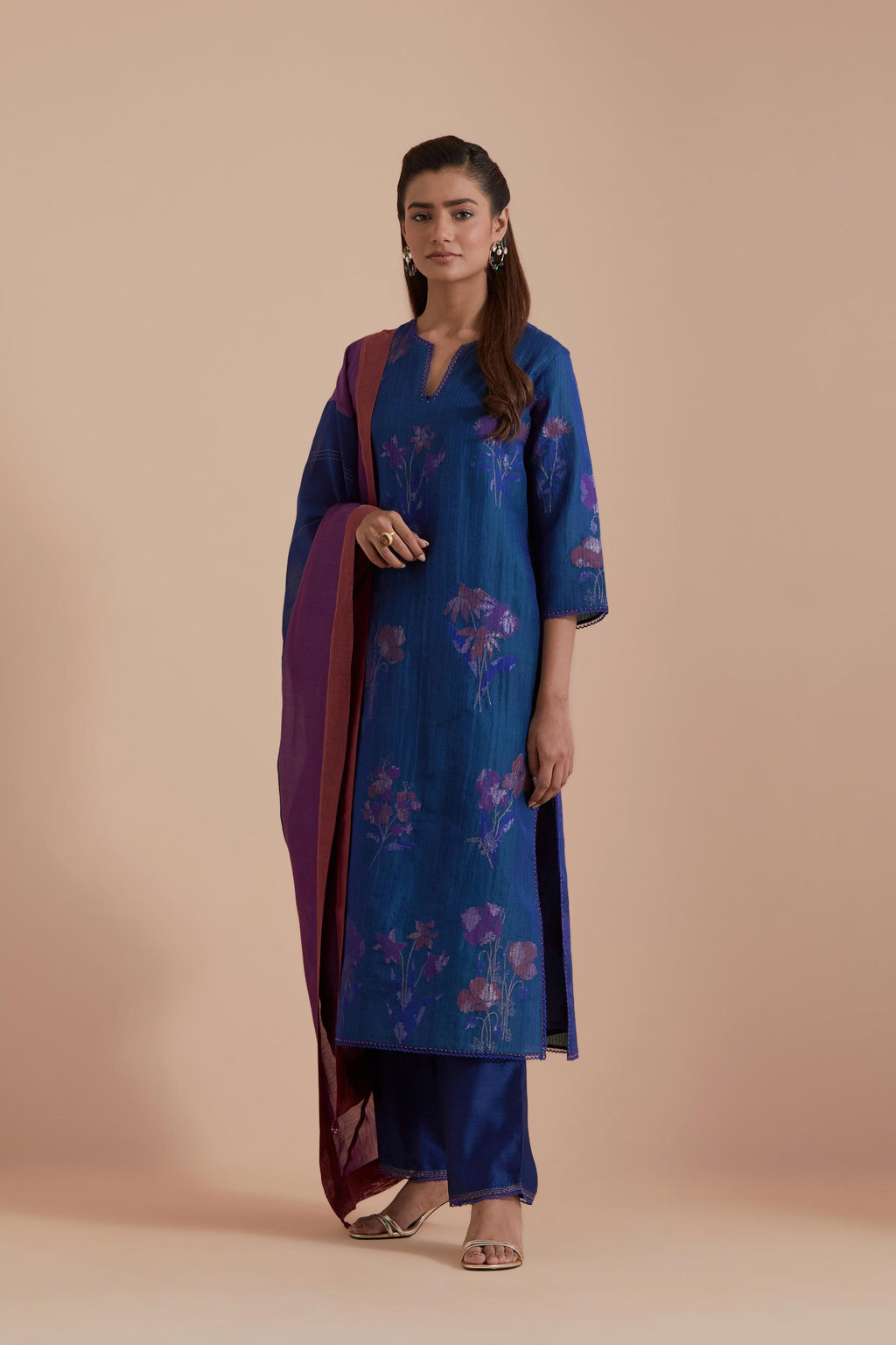 Blue Silk Chanderi Quilted Organza & Brocade Floral Appliqué straight long Kurta set.