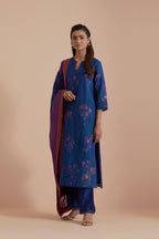 Blue Silk Chanderi Quilted Organza & Brocade Floral Appliqué straight long Kurta set.