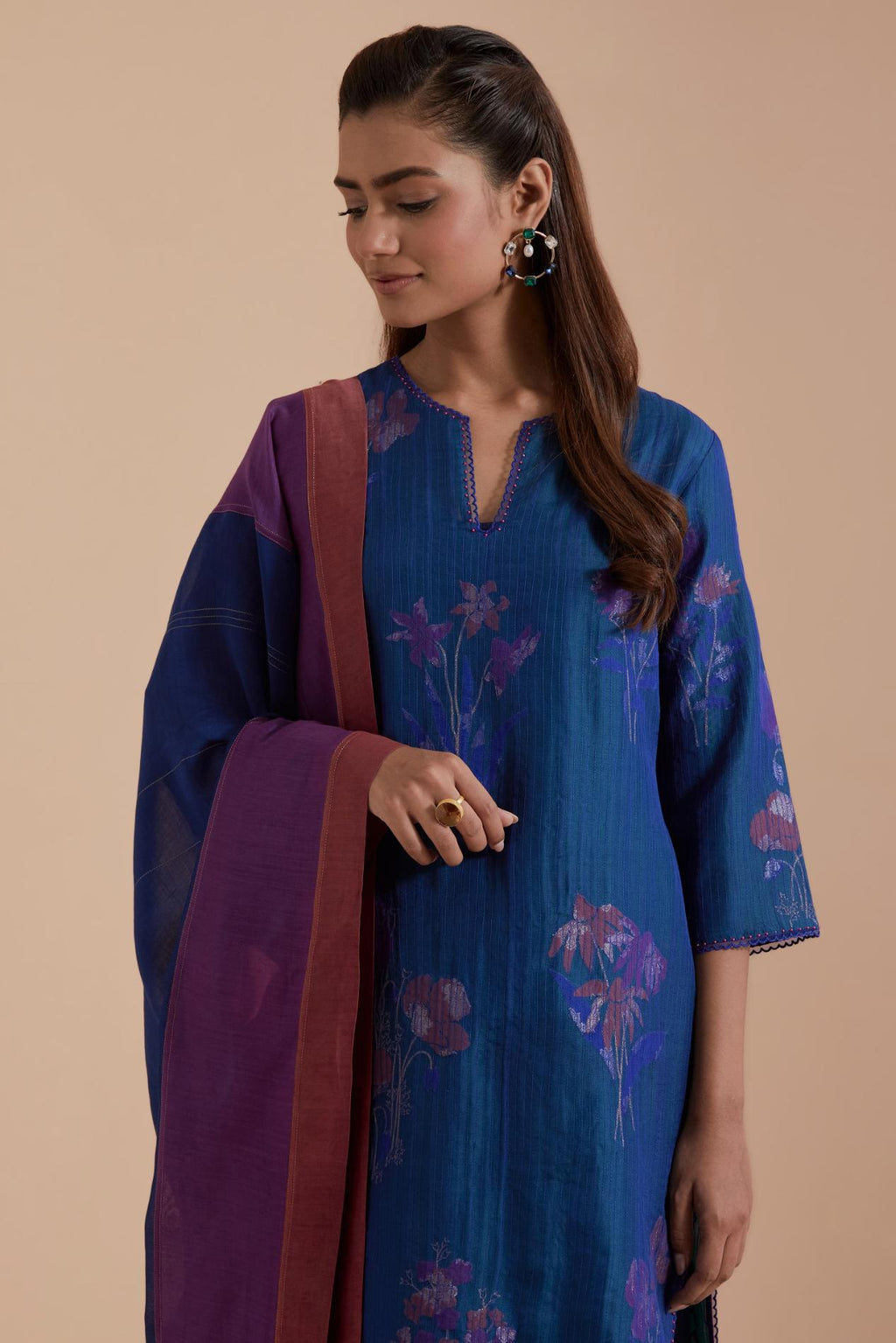 Blue Silk Chanderi Quilted Organza & Brocade Floral Appliqué straight long Kurta set.